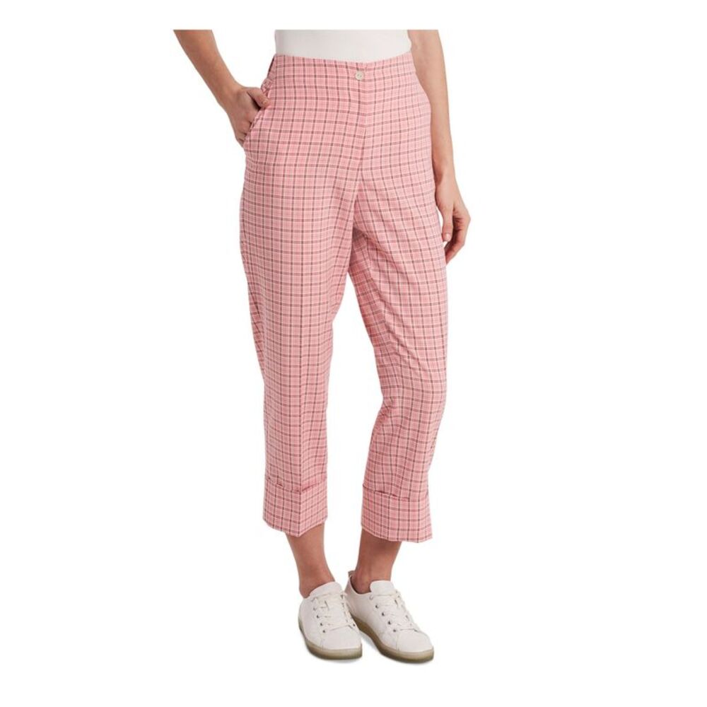RILEY&RAE Womens Pink Stretch Zippered Cuffed Hem Plaid Straight leg Pants 0